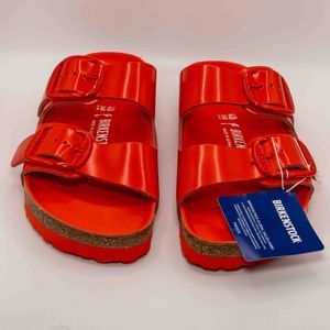 Birkenstock Women’s Arizona Neon Orange Patent Leather Two Strap Sandals – NWT